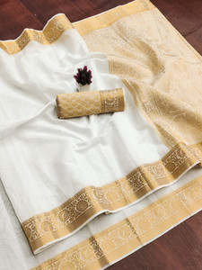 Indshopmart Woven, Temple Border, Striped, Floral Print, Solid/Plain Gadwal Cotton Silk Saree