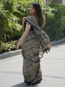 Buy Soor Panchi Printed Banarasi Silk Blend Black Sarees Online @ Best ...