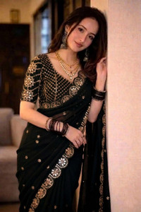 jashvicreation Embellished Bollywood Georgette Saree Black - Image 6
