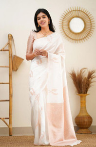 KRIYANSH Self Design, Woven, Applique, Printed, Temple Border, Striped Kanjivaram Jacquard, Cotton Blend Saree