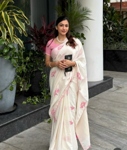 Neevam Creation Floral Print, Printed, Solid/Plain, Striped Bollywood Linen Saree