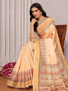 Janasya Printed, Floral Print Chanderi Silk Blend Saree