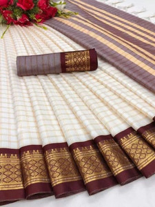 KanjiQueen Checkered Jamdani Silk Blend, Cotton Blend Saree