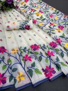 Aviora Floral Print, Printed, Self Design Jamdani Cotton Silk Saree