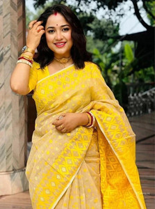 Mondal Saree Centre Woven, Self Design, Geometric Print, Floral Print Jamdani Cotton Blend Saree