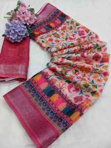 Saaransh Floral Print Kanjivaram Linen, Cotton Silk Saree