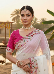 Sariya Embroidered, Embellished Bollywood Georgette, Silk Blend Saree