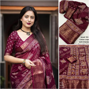 AA ONE ENTERPRISE Printed Hand Batik Cotton Silk Saree