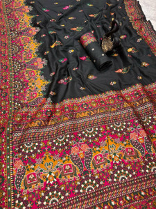 Aura silk बुना हुआ, एम्ब्रॉइडरेड, फ्लोरल प्रिंट पोचमपल्ली सेमी-पश्मीना साड़ी