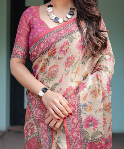 ALMAARI FASHION Floral Print Handloom Cotton Linen Saree