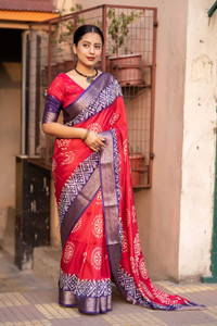 KAMALKUNJ DESIGNER Blocked Printed, Digital Print, Woven, Temple Border Hand Batik Cotton Silk Saree