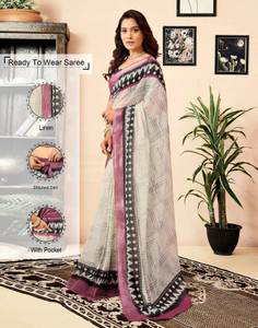 Samah Floral Print, Geometric Print, Embellished Daily Wear Linen Saree