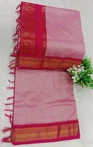 NEXUZCLOTHING Striped, Checkered, Woven Chettinadu Pure Cotton Saree