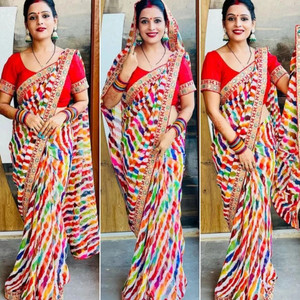 zili Printed, Geometric Print, Temple Border Leheria Georgette Saree