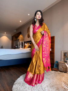 VILLAGIUS Embellished, Floral Print, Printed, Self Design, Temple Border, Solid/Plain, Woven Kanjivaram Cotton Silk, Art Silk Saree