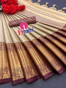 Dhami Self Design, Embroidered, Woven, Embellished Dharmavaram Jacquard, Cotton Silk Saree