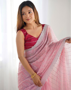Satrani Embroidered, Embellished Bollywood Chiffon Saree