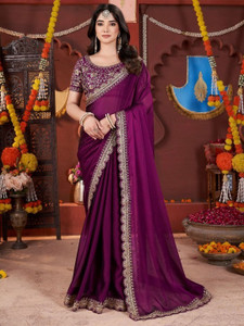 Adhita Enterprise Embroidered, Floral Print, Solid/Plain, Embellished Bollywood Silk Blend Saree