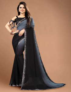 Mitiv Printed, Digital Print, Hand Painted, Ombre, Temple Border, Striped, Embroidered, Embellished Bollywood Georgette, Chiffon Saree