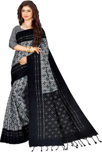 Bhadra Shopping Store Printed Ikkat Viscose Rayon, Cotton Blend Saree