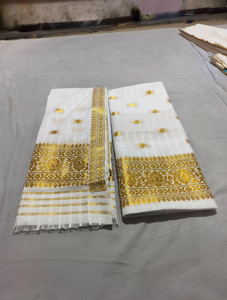 star silk weaving Woven, Striped Mekhela Chador Cotton Linen Saree