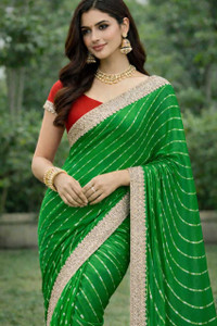 Fabloz Striped, Woven Leheria Georgette Saree
