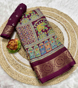 RegalDrapes Printed Kalamkari Silk Blend, Jacquard Saree