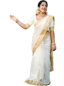 KHODIYAR TRENDZ Floral Print Kasavu Cotton Blend, Pure Cotton Saree