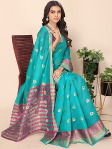 Leeza Store Self Design, Woven, Solid/Plain Banarasi Silk Blend, Cotton Blend Saree