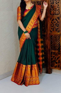 SAKARMAA Embroidered, Woven, Checkered Banarasi Jacquard, Cotton Silk Saree