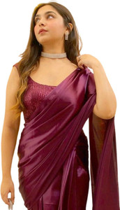 Sataz Solid/Plain Pre Draped Saree Satin Saree
