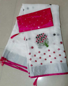 KRIVITY Embroidered Bollywood Cotton Linen Saree