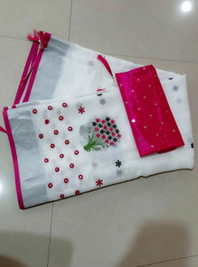 KRIVITY Embroidered Bollywood Cotton Linen Saree