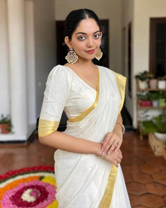 advaith Solid/Plain, Striped Kasavu Cotton Silk Saree
