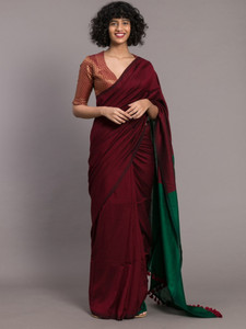 SLAGHA Solid/Plain, Self Design, Color Block Bollywood Handloom Cotton Blend Saree
