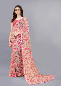 MEETVIN COUTURE Printed, Self Design, Hand Painted, Embroidered, Embellished, Graphic Print, Floral Print Bollywood Georgette, Chiffon Saree