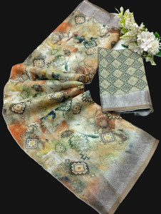 ASHTA Floral Print Kanjivaram Linen Saree