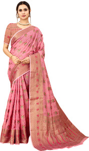 NIYAMI Printed, Self Design, Woven, Floral Print Banarasi Jacquard, Cotton Silk Saree