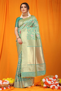 sarjan creation Self Design, Woven, Floral Print, Solid/Plain Kanjivaram Jacquard, Pure Silk Saree