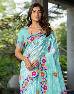 Satrani Woven, Self Design, Embellished Handloom Pure Cotton Saree