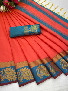 KanjiQueen Woven Kanjivaram Silk Blend, Cotton Blend Saree
