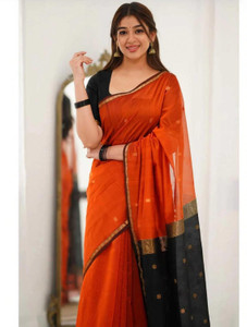 siyaramfabrics Solid/Plain, Woven Banarasi Cotton Blend Saree