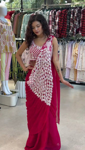 RILLOURA Embroidered Pre Draped Saree Georgette Saree