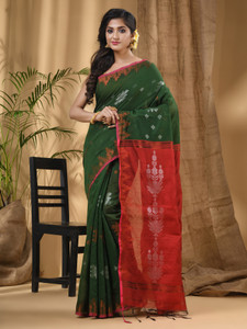 Desh Bidesh Woven, Self Design, Temple Border, Solid/Plain Bollywood Handloom Cotton Blend, Cotton Silk Saree