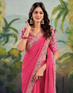 Samah एम्बेलिश्ड, एम्ब्रॉइडरेड, प्रिंटेड बांधनी जोर्जेट, लेस साड़ी