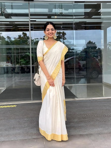 advaith Solid/Plain, Striped Kasavu Cotton Silk Saree