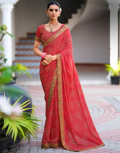 Satrani Printed, Embellished, Embroidered Bandhani Georgette, Chiffon Saree