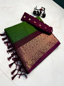 sadika Woven, Checkered Kanjivaram Jacquard, Silk Blend Saree