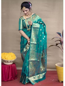 SHREE GHANSHYAM FASHION Woven, Self Design, Solid/Plain, Striped Banarasi Cotton Silk, Jacquard Saree