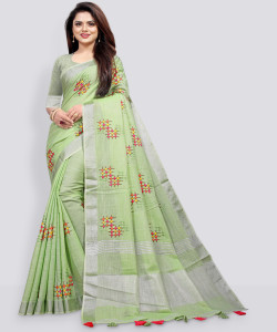ALAGINI Embroidered, Floral Print Bollywood Cotton Linen, Pure Cotton Saree